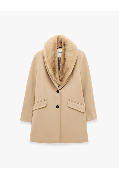 Koton Detachable Faux Fur Collar Cashmere Coat with Pockets