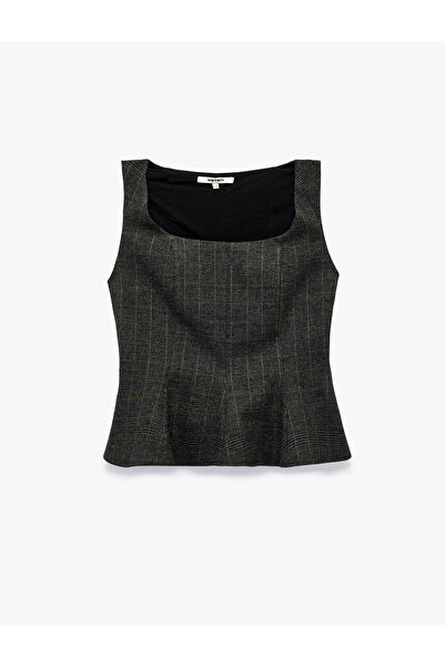 Koton Peplum Kesim Kolsuz Kare Yaka Kolsuz Ekose Bluz