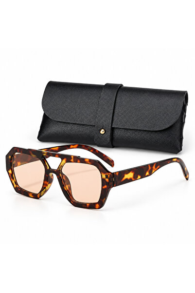 Generic Brand Ochelari de soare unisex geometrici, ramă maro tip havana, lent...