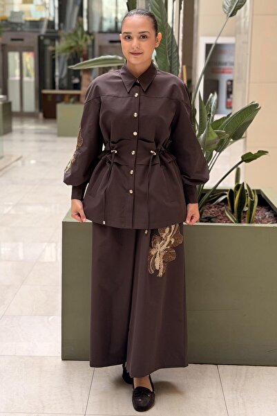 Matex Floral Pearl Beaded Embroidered Waist Drawstring Cap Pants Set