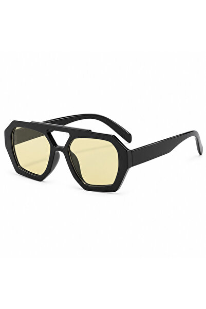 Generic Brand Ochelari de soare damă cu ramă geometrică neagră și lentile aurii, protecție UV400 + suport din piele bonus