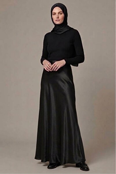 Mey Collection Şık parlak Saten kumaş beli lastikli uzun etek SİYAH
