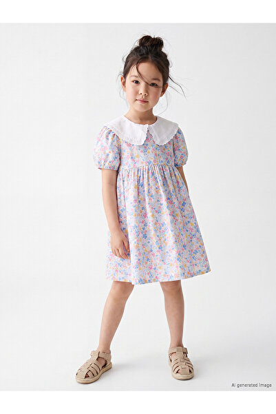 LC Waikiki Alita City Lcw Kids Ecru Linen Floral Girl's Dress with a Difference