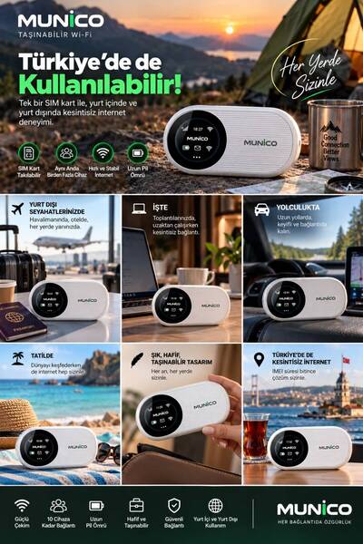 Munico Taşınabilir WiFi Modem SIM Kartlı Mobil İnternet Hotspot Çoklu Cihaz Bağlantılı Seyahat Modemi
