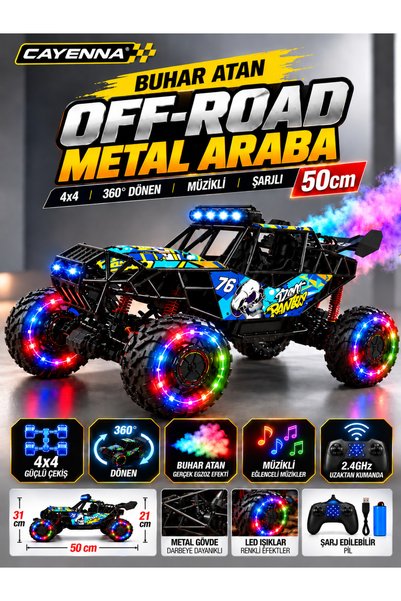 cayenna 50 CM 4x4 Şarjlı Uzaktan Kumandalı Off-Road Metal Gövdeli Işıklı RC A...