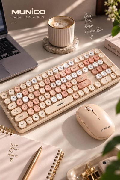 Munico Krem Pudra Kablosuz Klavye ve Mouse Seti Sessiz Yuvarlak Tuşlu Şık Mod...