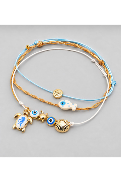 Femenino 3-Piece Anklet Set with Twisted Gold Thread, Blue Thread, Ecru Threa...