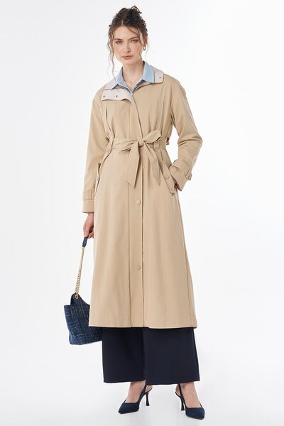 Kayra High Collar Belted Trench Coat Beige