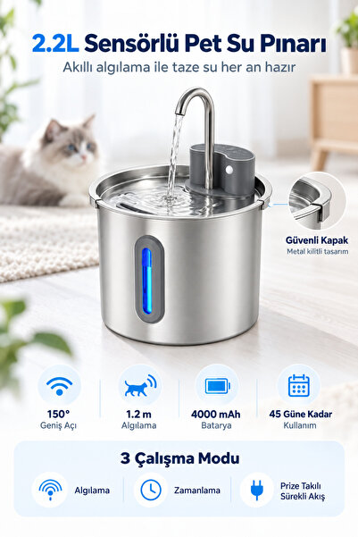 MAVLET 2.2L Sensörlü Otomatik Kedi ve Köpek Su Pınarı 4000 mAh Şarjlı Paslanm...