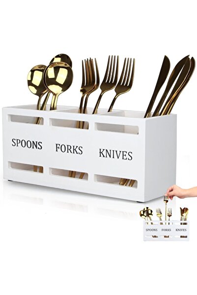 Generic Wooden Silverware Holder, Cutlery White Flatware Caddy and Cutlery Or...