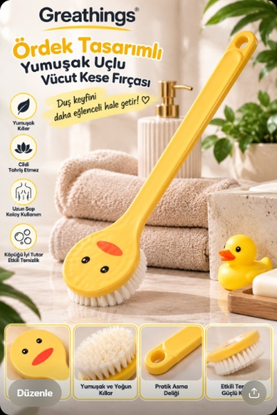 Greathings 35 cm Ördek Tasarımlı Yumuşak Uçlu Uzun Saplı Vücut ve Sırt Kese F...