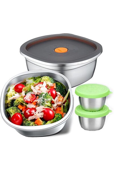Yelajoy 2Pack Stainless Steel Salad Bowls with Lids & 2 Dressing Cups，50 oz L...