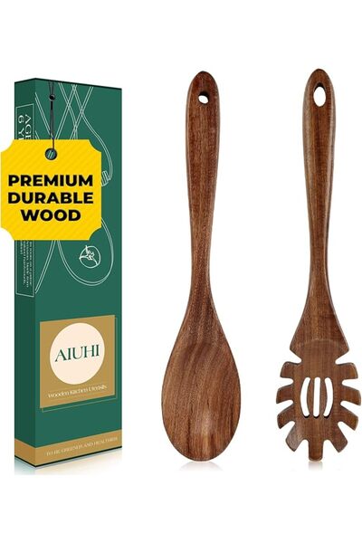 GENERAL 2Pcs Teak Wood Pasta Server, Wooden Spaghetti Noodle Spoon Set with T...