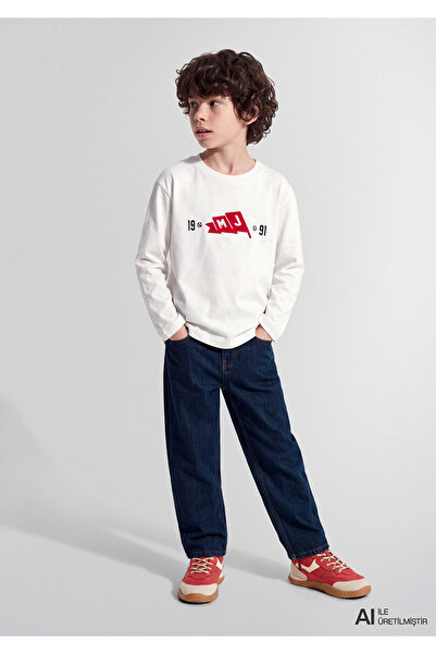 Mavi Baskılı Ekru Tişört Loose Fit / Bol Rahat Kesim 6610507-70057