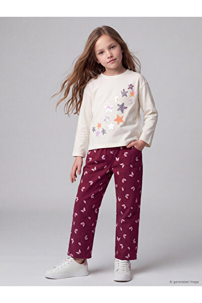 LC Waikiki Alita City Lcw Kids Burgundy Gabardine Printed Balloon Fit Straigh...