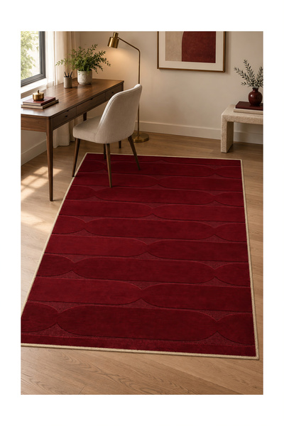 Rugs Modern Halı DORA Geometrik Desenli Bordo ve Kırık Beyaz İnce Dokuma Taba...
