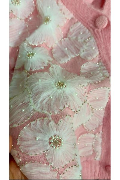 DipOL Butik Pink V-Neck Embroidered Women's Knitwear Cardigan