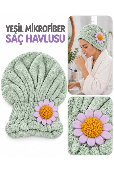 Bigohobi Mikrofiber Saç Havlusu, Çiçek Detaylı Lastikli Saç Kurutma Bonesi, Duş Bonesi, Yeşil Renk