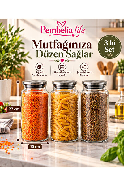 Pembelia Life 3 Adet 1300 cc Metal Vakum Kapaklı Cam Bakliyat Erzak Baharat Saklama Kavanozu Çay Şeker Tuz Kahve Kavanız Seti