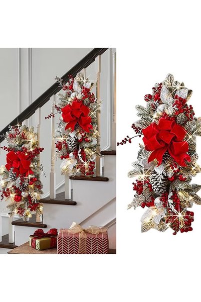 GGEROU Christmas Stairway Artificial Swag, 24" Christmas Wreaths with LED Lig...