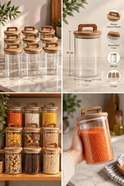 Atbyhome 9'lu Kulplu Akasya Kapaklı Borosilikat Cam Kavanoz Seti 900 ml - Vak...
