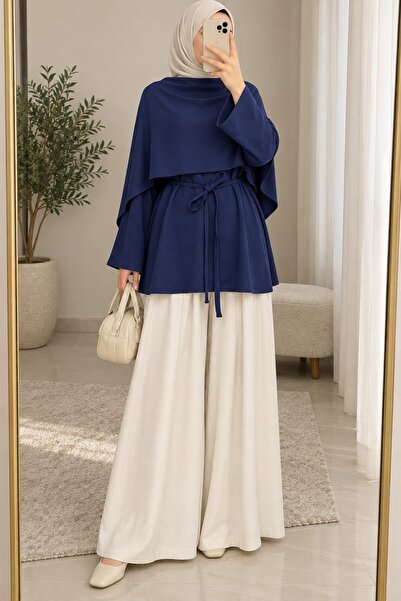 lamelif Shoulder Shawl Detailed Tunic Navy Blue