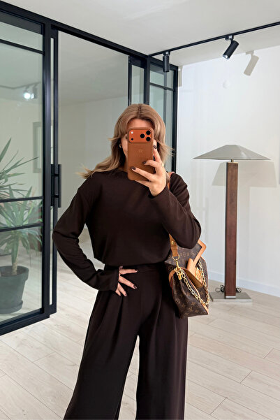 Sezgi Tekin Tricou Basic Maro cu mânecă lungă și guler rotund