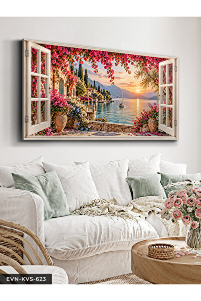 Evinemoda Denize Açılan Pembe Çiçekli Pencere Tek Parça Kanvas - Canvas Tablo