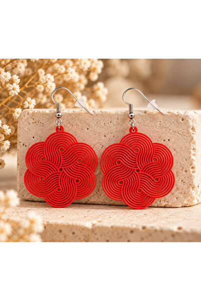 Generic Brand Cercei Roșii „Floare” cu Design Geometric Ondulat - 6 x 4 cm
