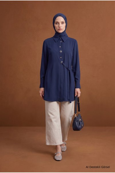 Armine TREND Shirt Collar Eyelet Detailed Belted Tunic 91 cm Length Navy Blue 26Kt431