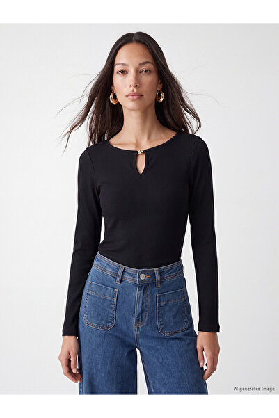 LC Waikiki TWO MT SHOP KALİTESİ بودي نسائي أسود مضلع وضيق ونحيف بأكمام طويلة