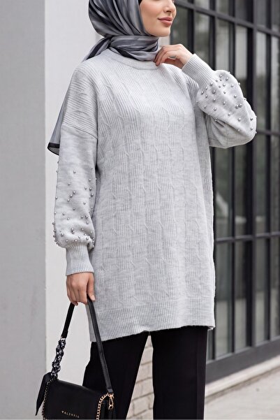 Modamorfo Patterned Loose Knitwear Tunic with Pearl Detail on the Sleeves - L...