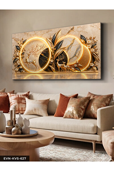 Evinemoda Gold Siyah Yapraklar ve Geyik Tek Parça Işıksız Kanvas - Canvas Tablo