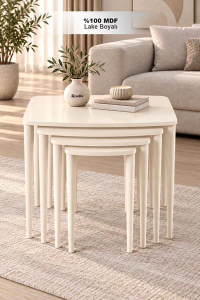 Renlife MDF Zigon Sehpa 4’lü Set – Lake Boyalı Modern Salon Sehpası -KREM