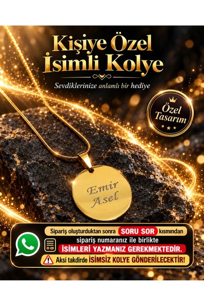 Genel Markalar Kişiye Özel İsimli Çelik Kolye Kadın Altın Renk Yuvarlak Plaka...