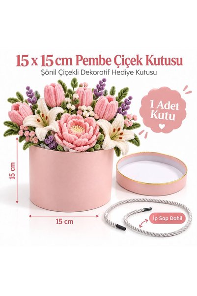 Mutkin 15x15 cm Pembe Silindir Çiçek Kutusu Kapaklı İp Saplı Şönil Çiçek Buket Hediyelik Kutu 1 Adet