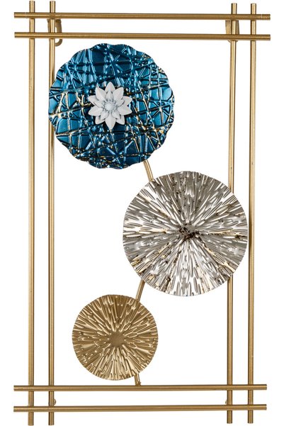 Herdekora Metal Tablo Çiçek Desenli 3 Boyutlu Modern Mavi-Gold-Gümüş 30x50 Cm.