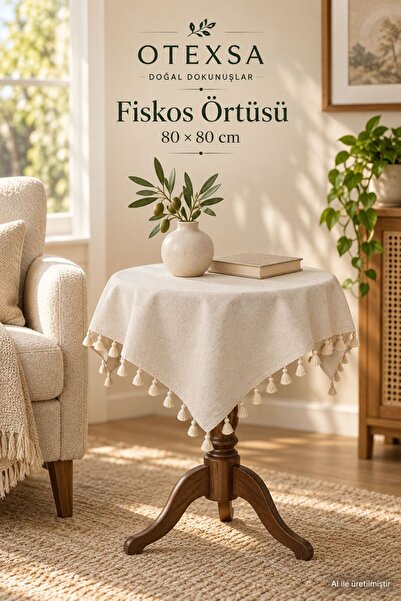 OTEXSA Püsküllü Fiskos Örtüsü 80 x 80 cm Kare Düz Dokulu Dekoratif Masa Örtüsü