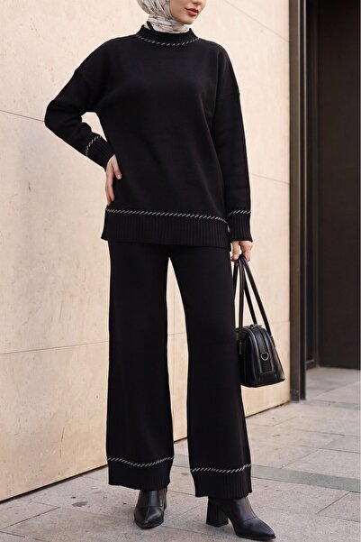 Modamorfo Set de tricotaje cu pantaloni cu model și margini brodate - negru