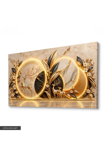 Evinemoda Gold Siyah Yapraklar ve Geyik Tek Parça Işıksız Kanvas - Canvas Tablo