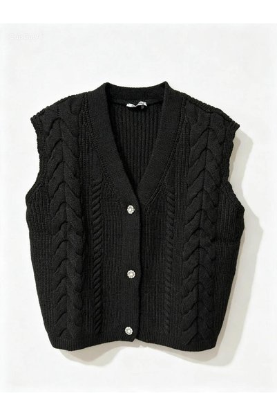 DipOL Butik V-Neck Hair Braided Stone Buttoned Women's Knitwear Vest Cardigan