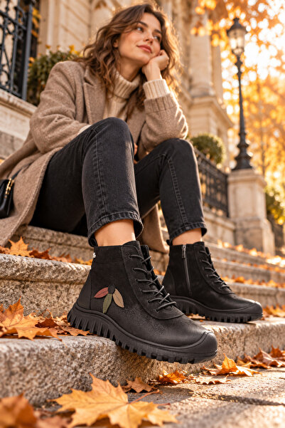 Venüs Women's Genuine Leather Black Casual Boots Vs009