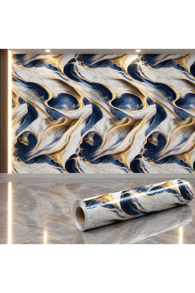 Tapetoo Home Decor Ταπετού ®   Ταπετσαρία Μαρμάρου Ζαφειρένιο Μπλε, Λευκό & Χ...