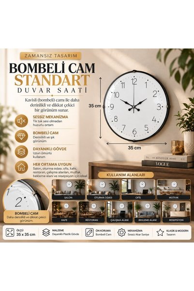 Platin Saat 35 cm Bombeli Cam Duvar Saati - Beyaz Kadran İnce Rakamlı