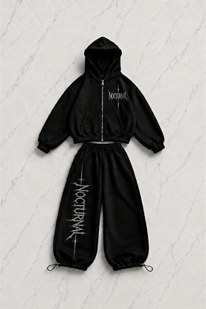 Gofeel Nocturnal Printed Black Oversize Cardigan & Sweatpants Set