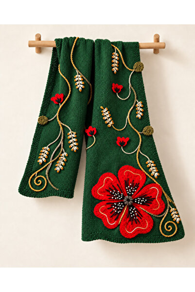 edirneörgü Hand Knitted Green Poppy Embroidered Shawl – Alize Angora Gold