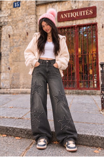 WeShaya Kadın Yeni Sezon, Siyah, Yıldız Yama Detaylı, Baggy Jean Pantolon