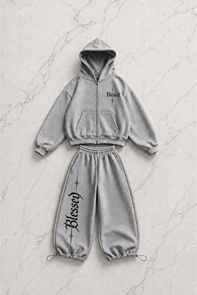 Gofeel Blessed Text Printed Gray Oversize Cardigan & Sweatpants Set