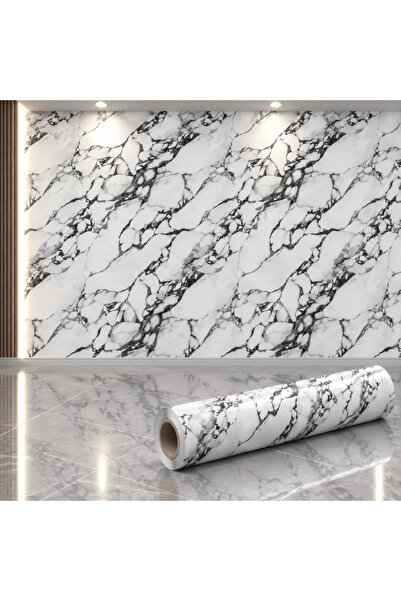Tapetoo Home Decor Ταπετού ®   Λευκή Μαρμάρινη Ταπετσαρία με Μαύρες Φλέβες, 1...