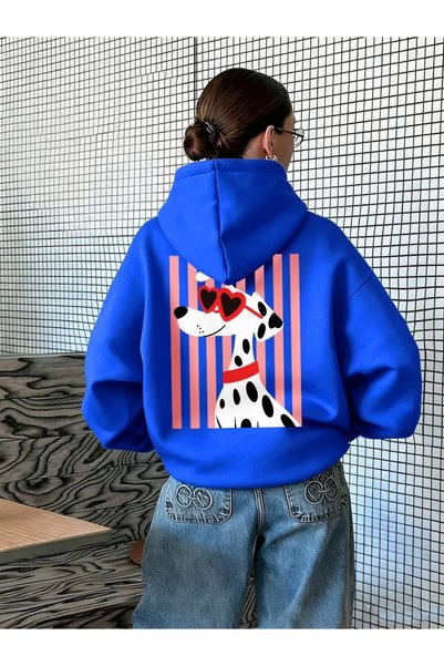 HAI COLLECTİON Mavi Dalmaçyalı Köpek Baskılı Oversize Kapüşonlu Sweatshirt Un...